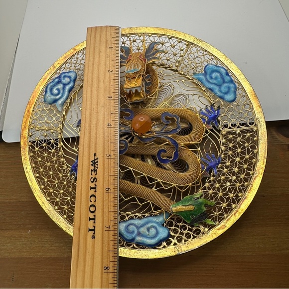 Golden Blue Dragon Wall Piece Chinese cloisonne copper filligre intricate design - Picture 13 of 15